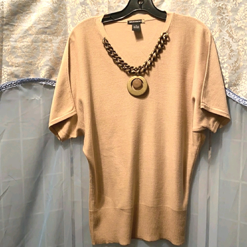 SWEATERWORKS TAN DOLMAN SHORT SLV SWEATER SZ S